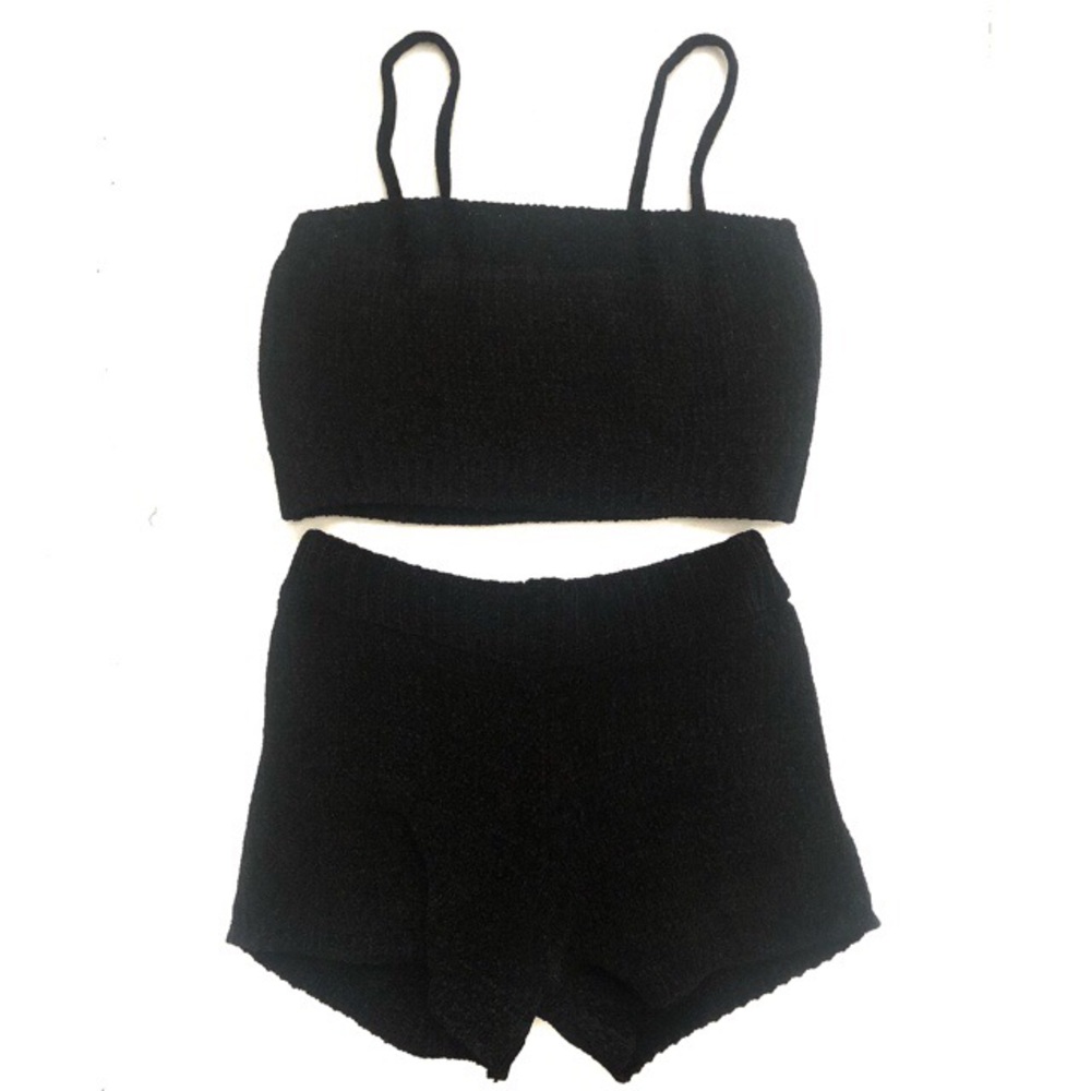 Knitted Crop Top And Shorts Lounge Set Black S - Picture 10 of 11